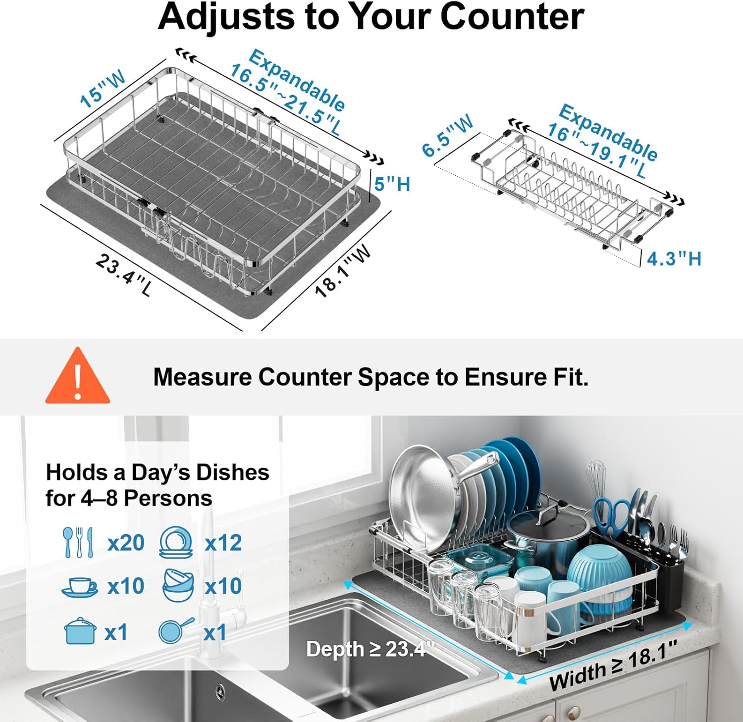 GSlife Large 2-in-1 Dish Drying Rack Set - Expandable Stainless Steel Dish Racks for Kitchen Counter & Sink, Full Size Dish Drainer with Absorbent Drying Mat Cup Holder, 16.5"-21.5" L x 15" W, Silver