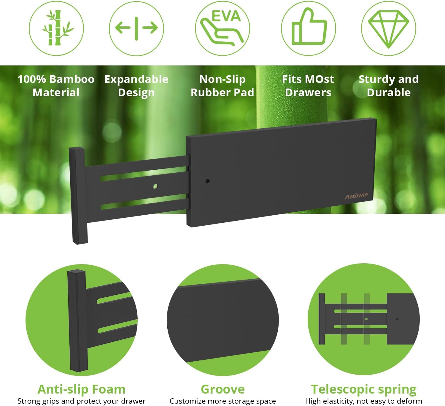 ANTOWIN 4 Pack Expandable Drawer Dividers, 4.7'' High, Extend from 12.2'' to 17.7'', Dresser Drawer Organizers, Bamboo Separators for Kitchen, Bedroom, Office, Bathroom (Black)