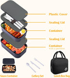 Bento Box with Lunch Bag Microwavable All-in-One Meal Prep Compartment Lunch Containers with Utensils Leak Resistant Lunch Box with Sauce Container 60oz Gray
