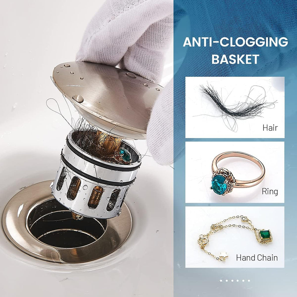 Vessel Sink Drain for Bathroom, Pop-up Drain With Detachable Basket Stopper, Anti-Explosion And Anti-Clogging Drain Strainer, Sink Drain Assembly With Overflow Brushed Nickel, REGALMIX RWF083J