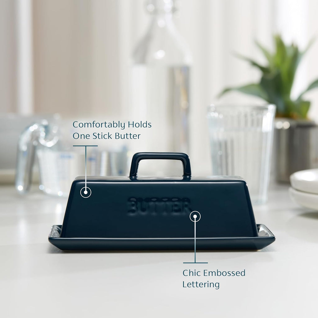 Kook Ceramic Butter Dish with Lid, Kitchen Countertop Butter Keeper, Serving Tray with Cover, Storage Container, Holds 1 Stick, Microwave and Dishwasher Safe, Navy Teal