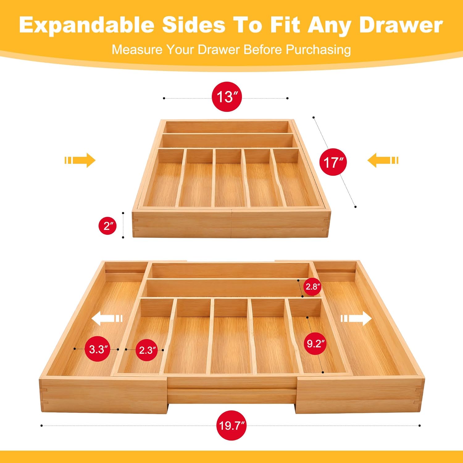 Large Premium Bamboo Silverware Organizer - Expandable Drawer Organizer & Utensil Organizer - 17"x19.7" Cutlery Tray with Dividers for Kitchen Utensils and Flatware (7-9 Slots) (Natural)