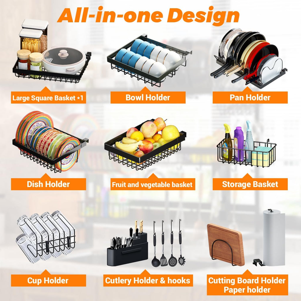 Over Sink Dish Drying Rack (Expandable Height/Length) (31-39.5L x 12W x 34-38H inches) Snap-On Design Large Dish Drainer Storage Counter Organizer