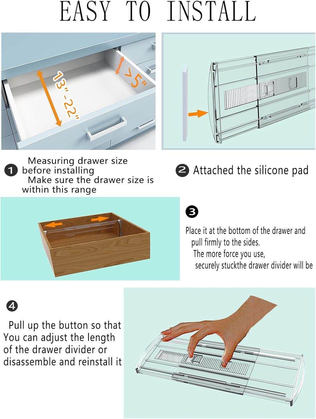 3 Pack Adjustable Heavy-Duty Drawer Dividers for Clothes,5" High Expandable From 13-22" Clear Drawer Organizers, PC Plastic Separators for Dresser/Bedroom/Bathroom/Kitchen/Office Storage