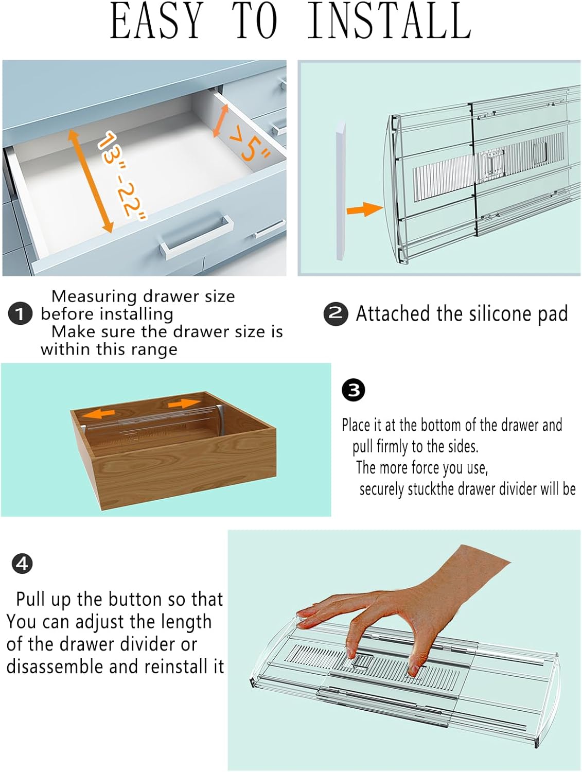 3 Pack Adjustable Heavy-Duty Drawer Dividers for Clothes,5" High Expandable From 13-22" Clear Drawer Organizers, PC Plastic Separators for Dresser/Bedroom/Bathroom/Kitchen/Office Storage