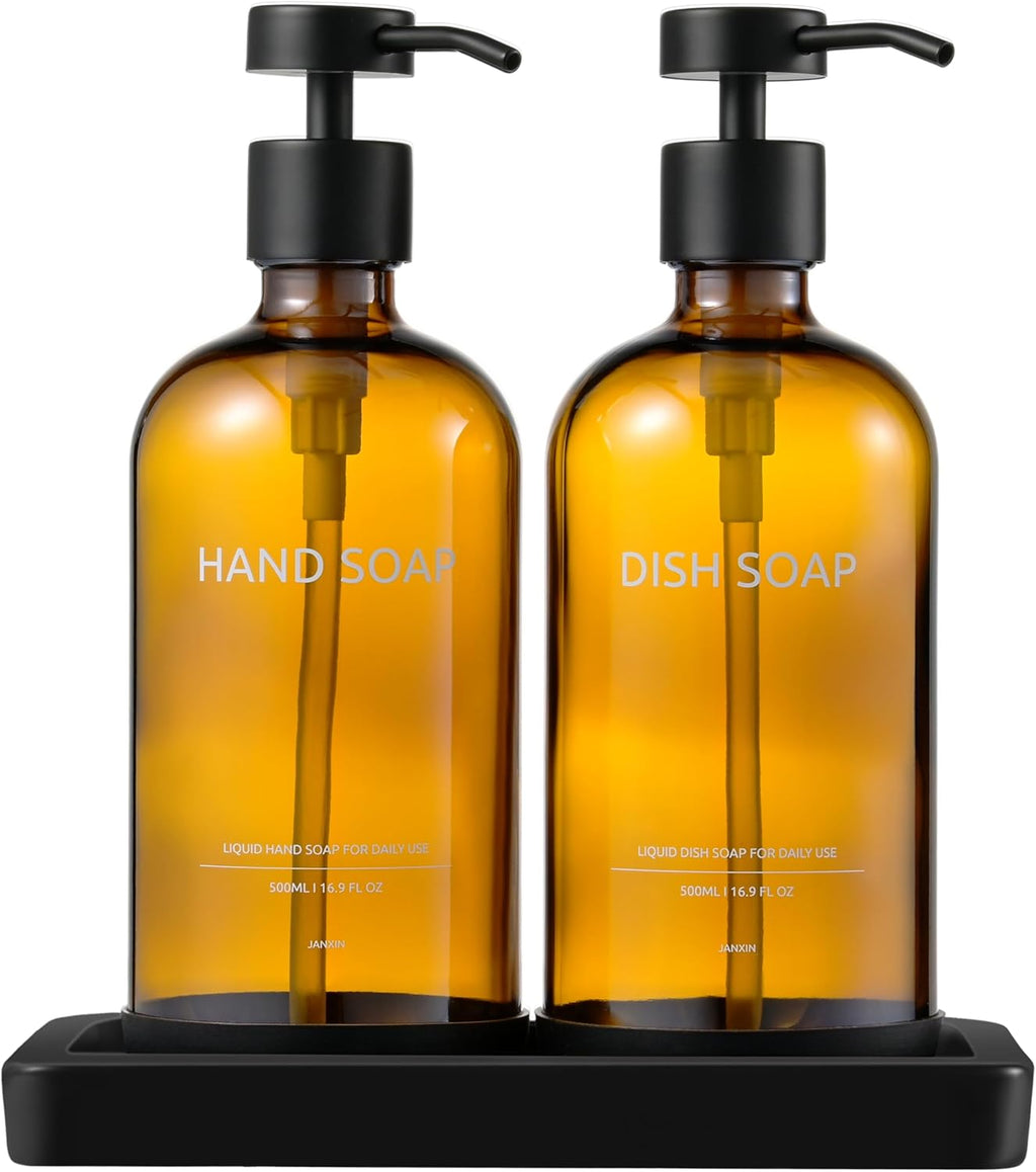 Glass Kitchen Soap Dispenser Set with Ceramic Tray,16.9 floz Hand and Dish Soap Dispenser for Kitchen and Bathroom Decor,Amber Kitchen Accessories(Amber Bottles + Black Pumps)