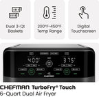 Chefman 6 Quart Dual Basket Air Fryer - Digital Touchscreen, Smart Sync Finish, Hi-Fry, Auto Shutoff, 2 Independent 3QT Nonstick Dishwasher-Safe Frying Baskets - Digital Double Air Fryer - Black