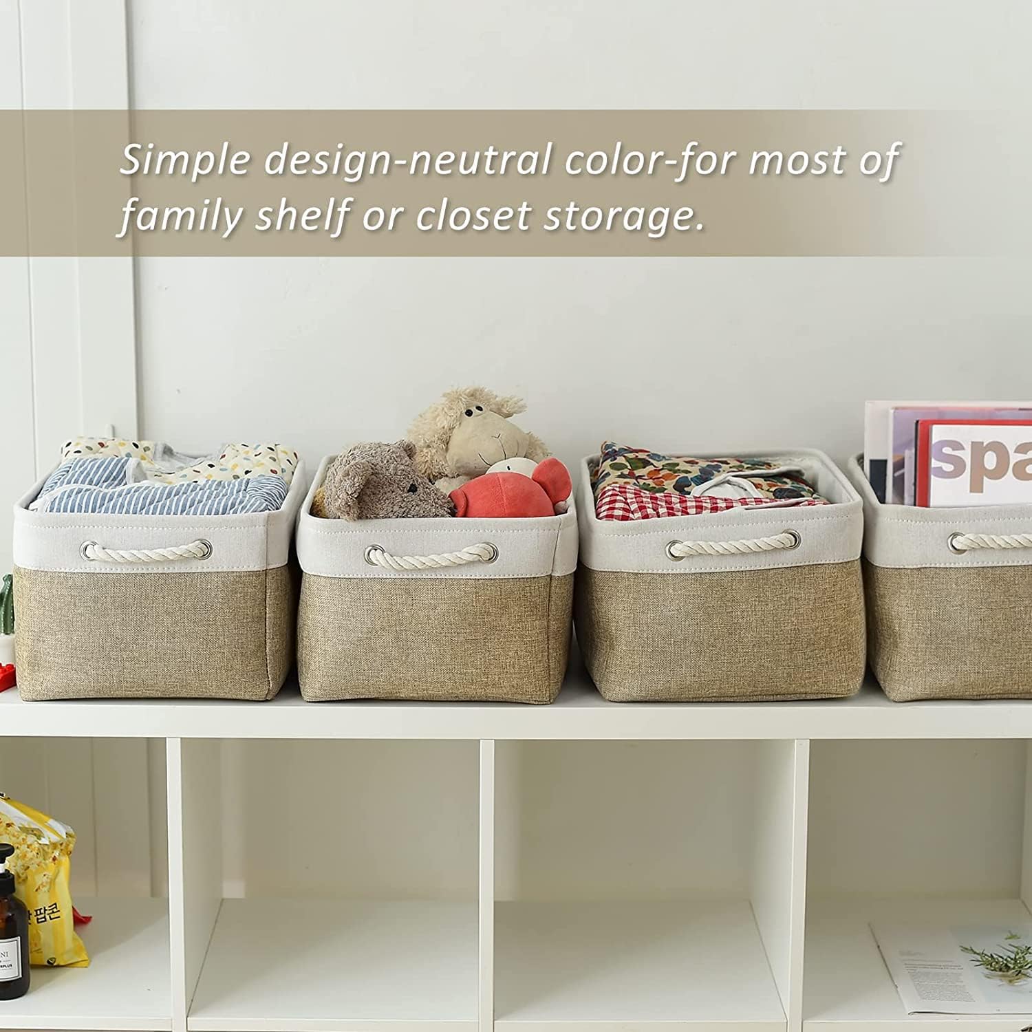 TcaFmac Storage Basket for Organizing - Large 4 Pack Fabric Storage Bins Baskets for Shelves, Foldable Storage Cubes for Closet Cloth Toy Box Gift Organizer(White & Khaki16x12x8 inch)
