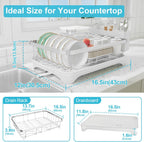 Dish Drying Rack 304 Stainless Steel Dish Racks,Adjustable Spout Auto-Draining Dish Drainers for Kitchen Counter, Large Capacity Dish Rack for Bowls, Cups, White