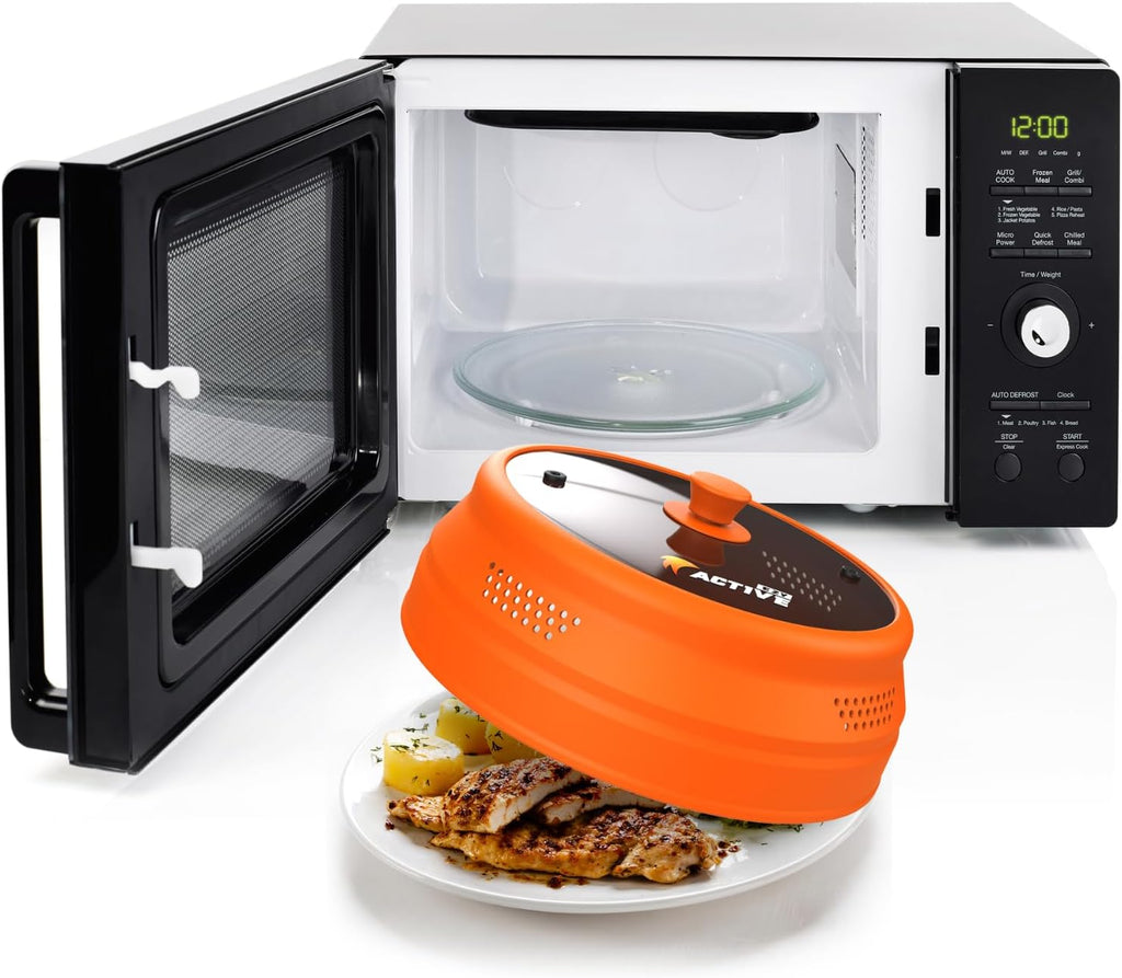 Collapsible Microwave Cover for Food - Silicone and Glass Splatter Guard Lid for 6-12 inch Plates & Bowls, Dishwasher Safe, Heat Resistant, BPA-Free, Orange