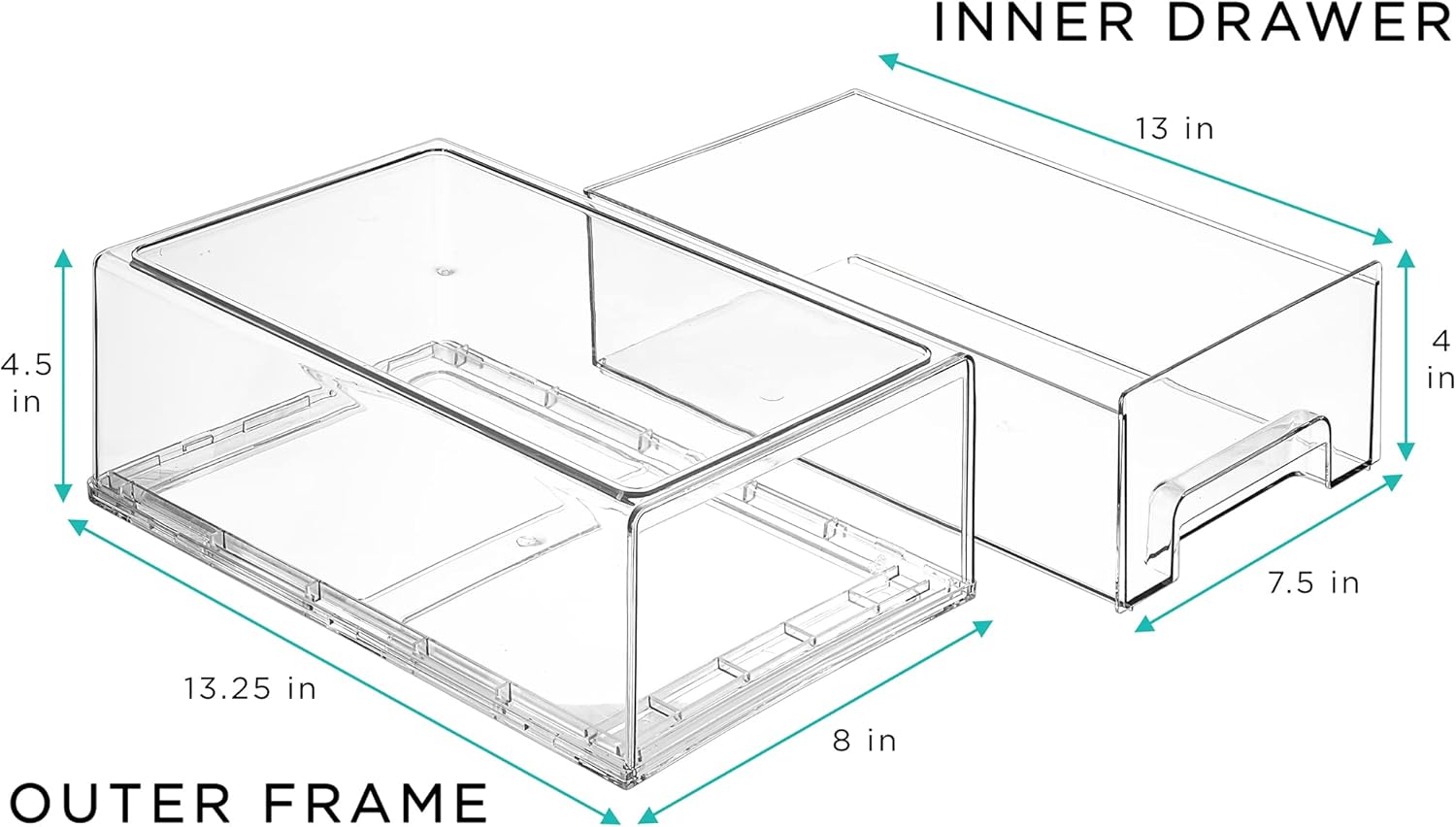 Sorbus Medium Clear Storage Drawers (4 Pack) – Stackable Organizer Drawers for Pantry, Kitchen, and Fridge – Pull-Out Acrylic Storage Bins with Handles