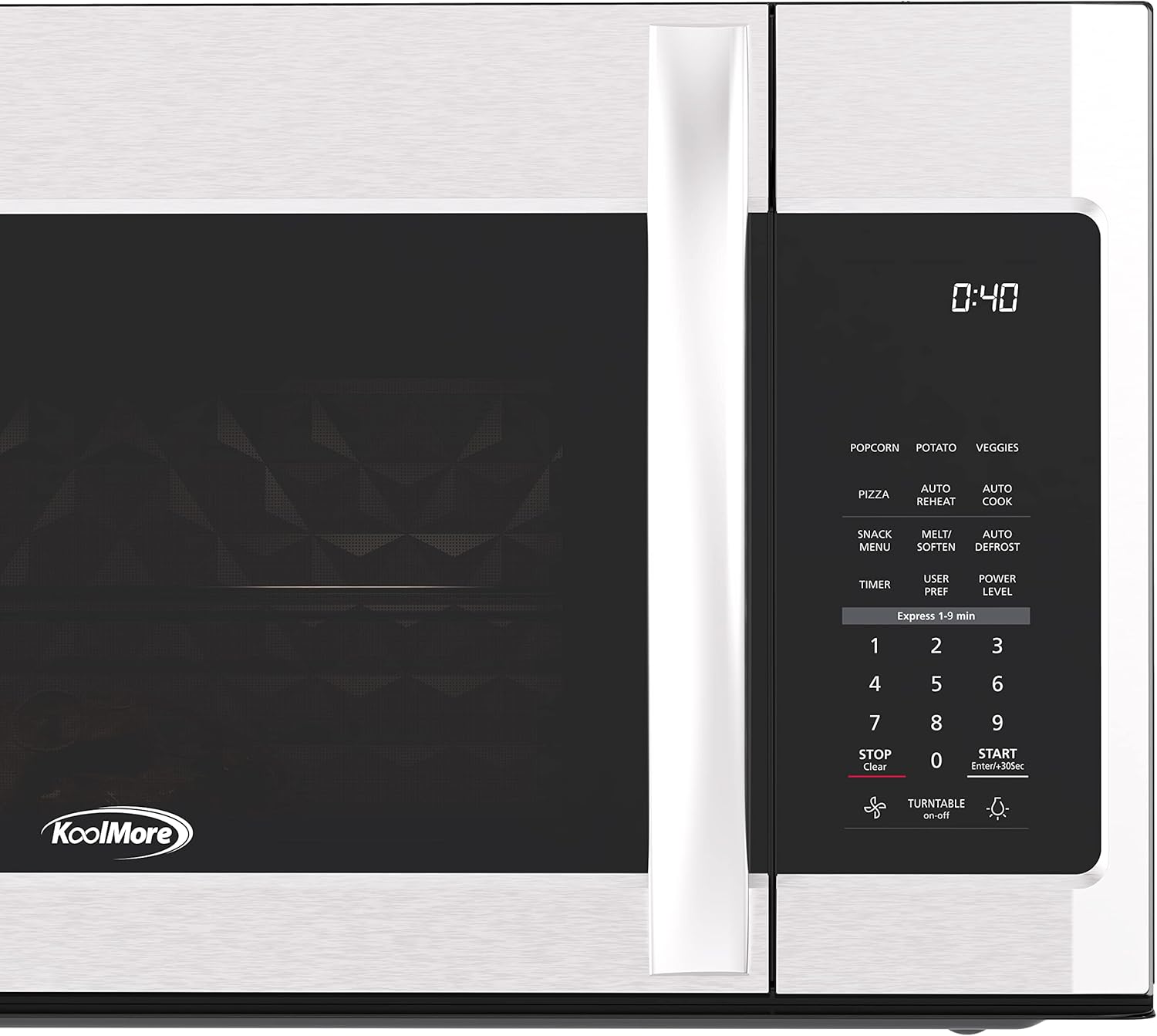 KoolMore KM-MOT-2SS Range Microwave Oven Lamp and 300CFM Recirculation Vent Hood, Auto Cook Menus, Reheat Function, 11 Power Levels, Timer, and Weight Defrost, 30 in/1.9 Cu. Ft, Silver