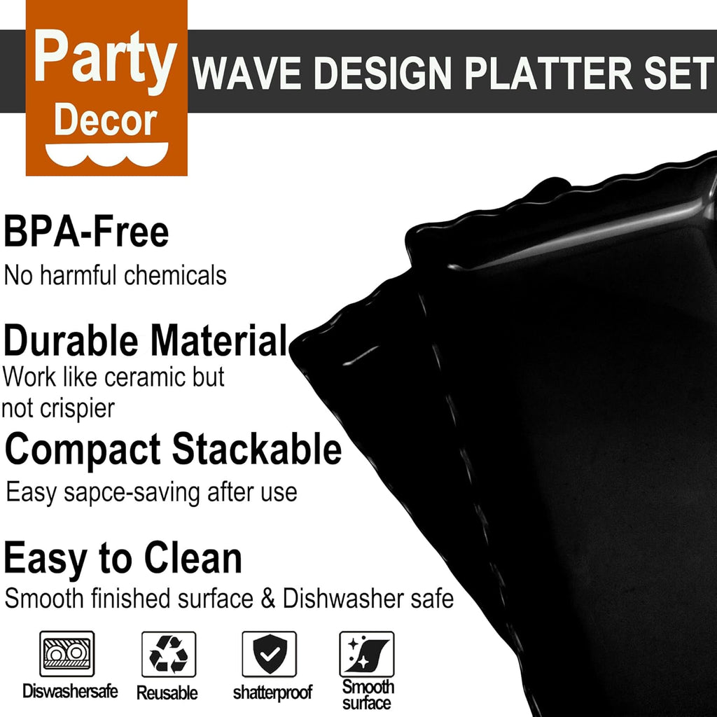 KAQAHIDO 17" x 8" x 1.5" Black Serving Tray Set, Wave Edge Melamine Platters for Cookie, Appetizer, Charcuterie, Snack, Dessert, Party Food Display, Stackable, Set of 2