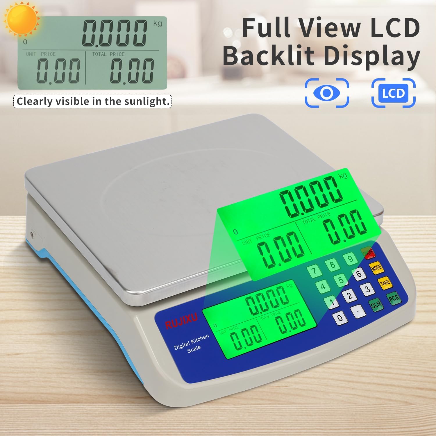 Large Digital Kitchen Scale 30KG Commercial Food Scale 66LB for Baking Bread Meat Stainless Steel Price Computing Scale LCD Display,Prep Counting Scale for Parts and Coins Adapter Included