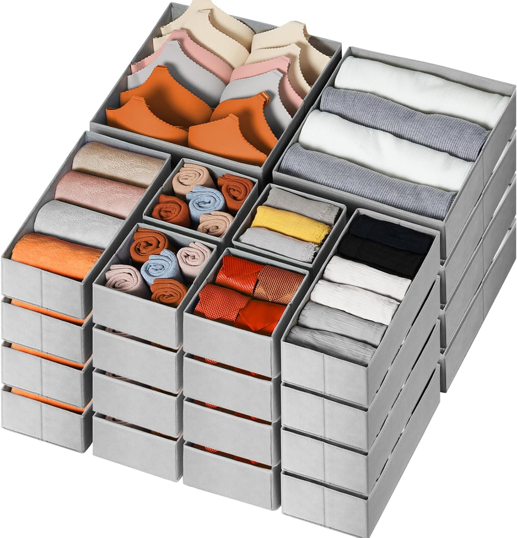 Criusia Drawer Organizer Clothes 24 Pack, Fabric Closet Organizers and Storage Bins for Underwear Sock, Odorless Dresser Drawer Dividers for Baby Nursery Organization (Grey)