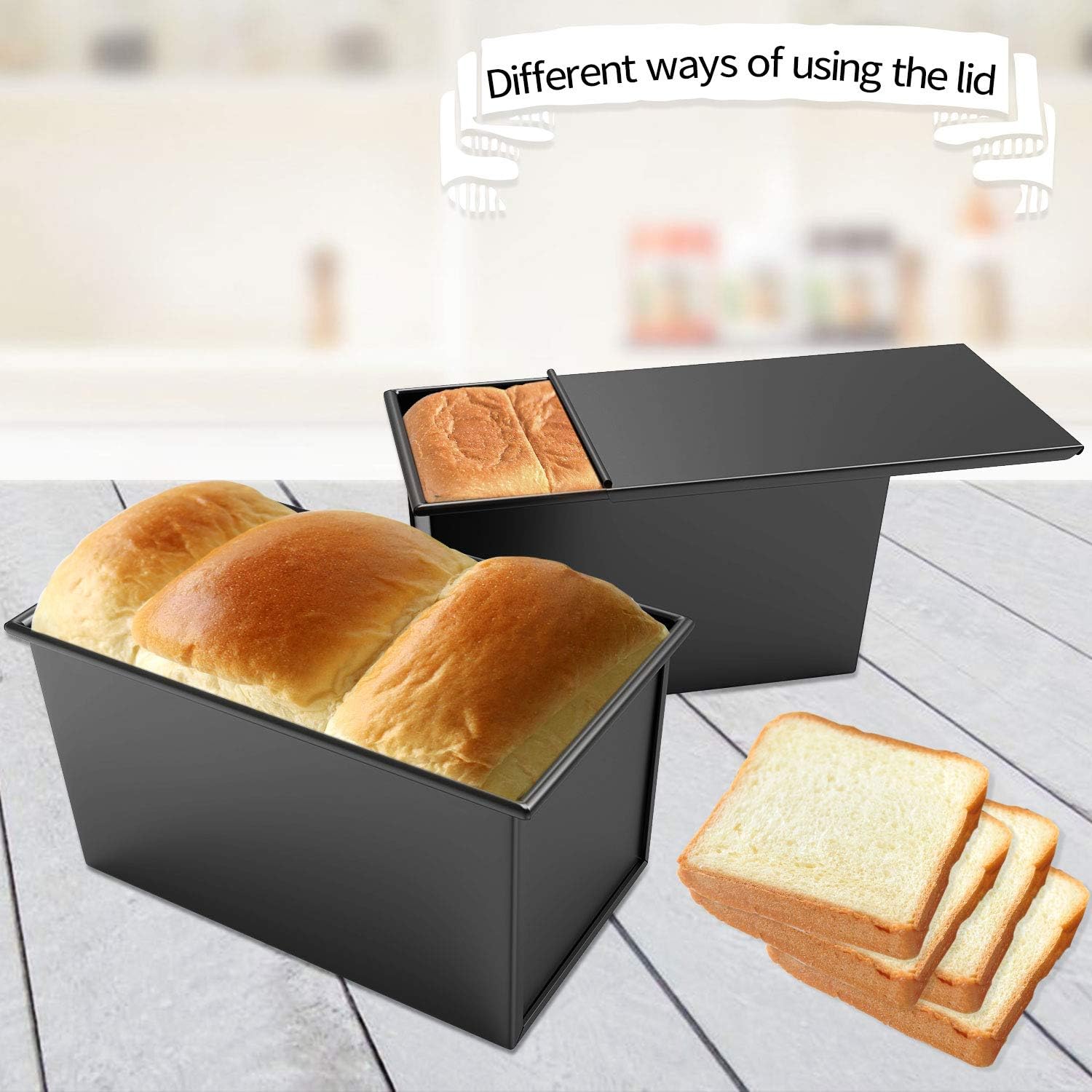 CHEFMADE Pullman Loaf Pan with Lid, 1Lb Dough Capacity Non-Stick Rectangle Flat Bread Pan, Carbon Steel Bakeware Toast Mold with Cover for Baking Bread - Black