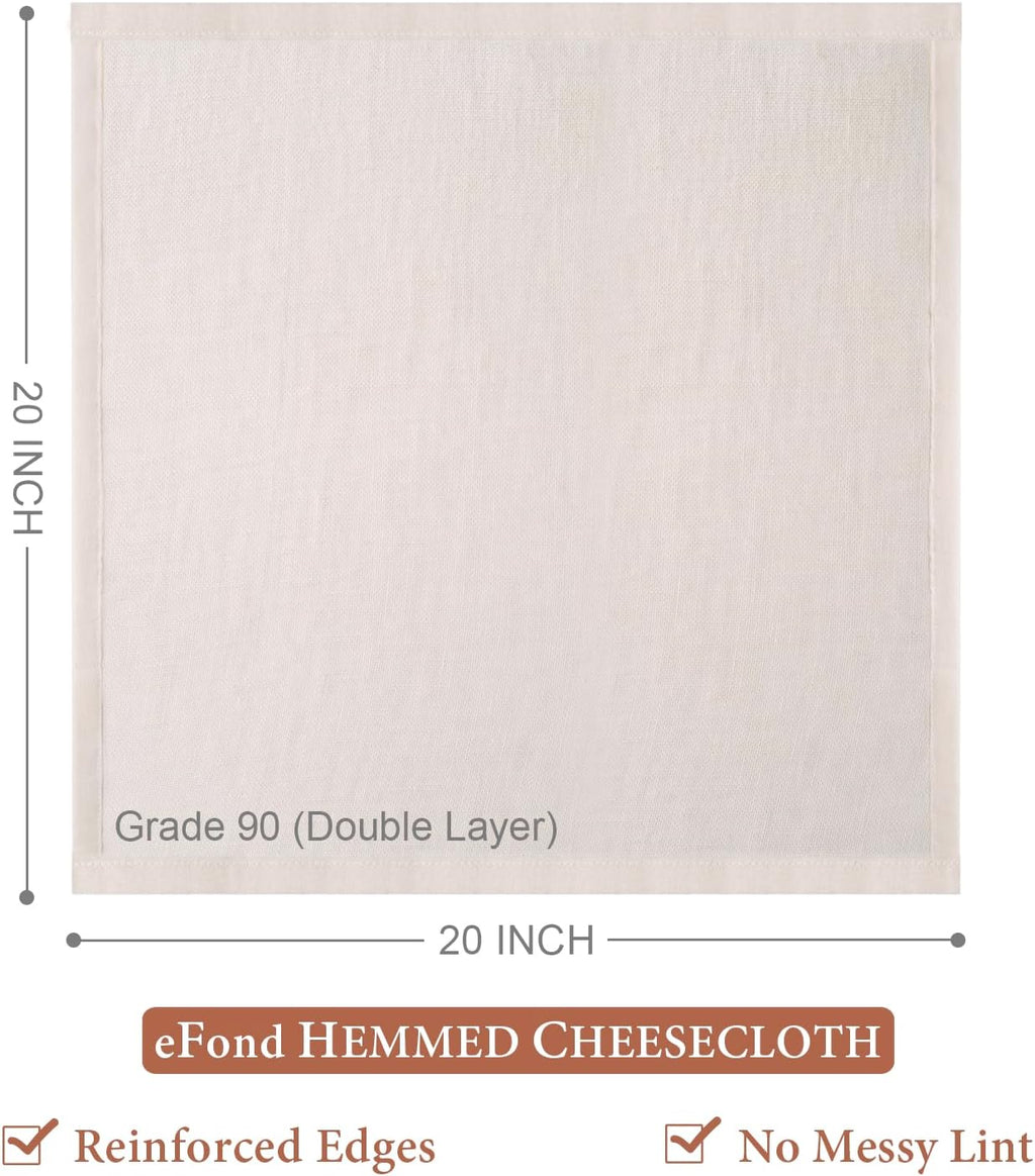 eFond Cheese Cloths | 4-Pack Double Layers, 20x20Inch Squares with Hemmed Edges | Grade 90 Reusable Cheesecloth for Straining | Unbleached Cotton Muslin Cloths | For Nut Milk, Butter, Baking & Cooking
