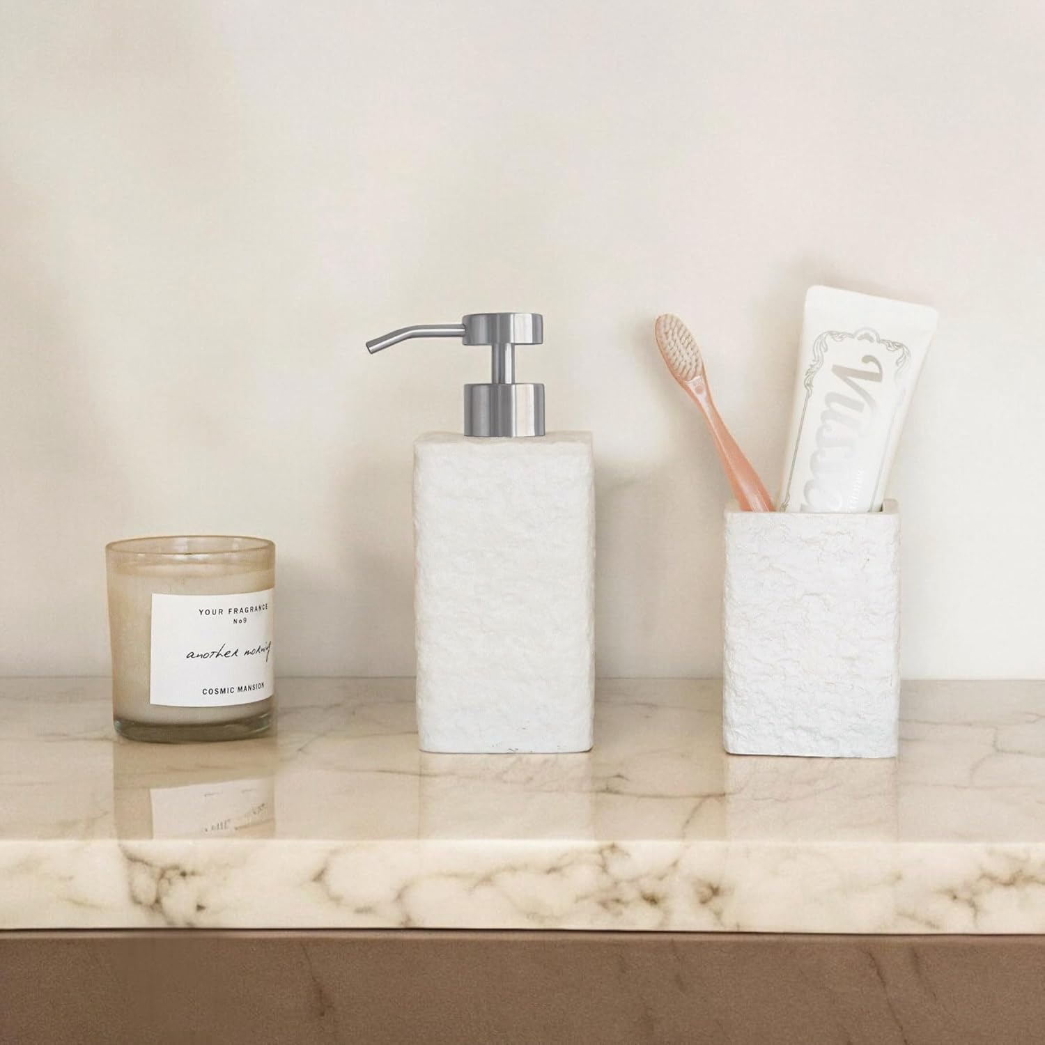 Lunestella White Textured Soap Dispenser with Stainless Steel Pump, Natural Stone Finish for Modern Farmhouse Bathroom, 12oz