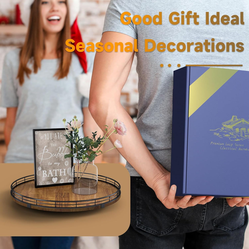 Farmhouse Oak 16" Lazy Susan Turntable Organizer for Cabinet, Round Wooden Lazy Susan Organization and Storage for Dining Table, Pantry, Kitchen, Countertop, Cupboard,Home Decor, Walnut Wood (16")