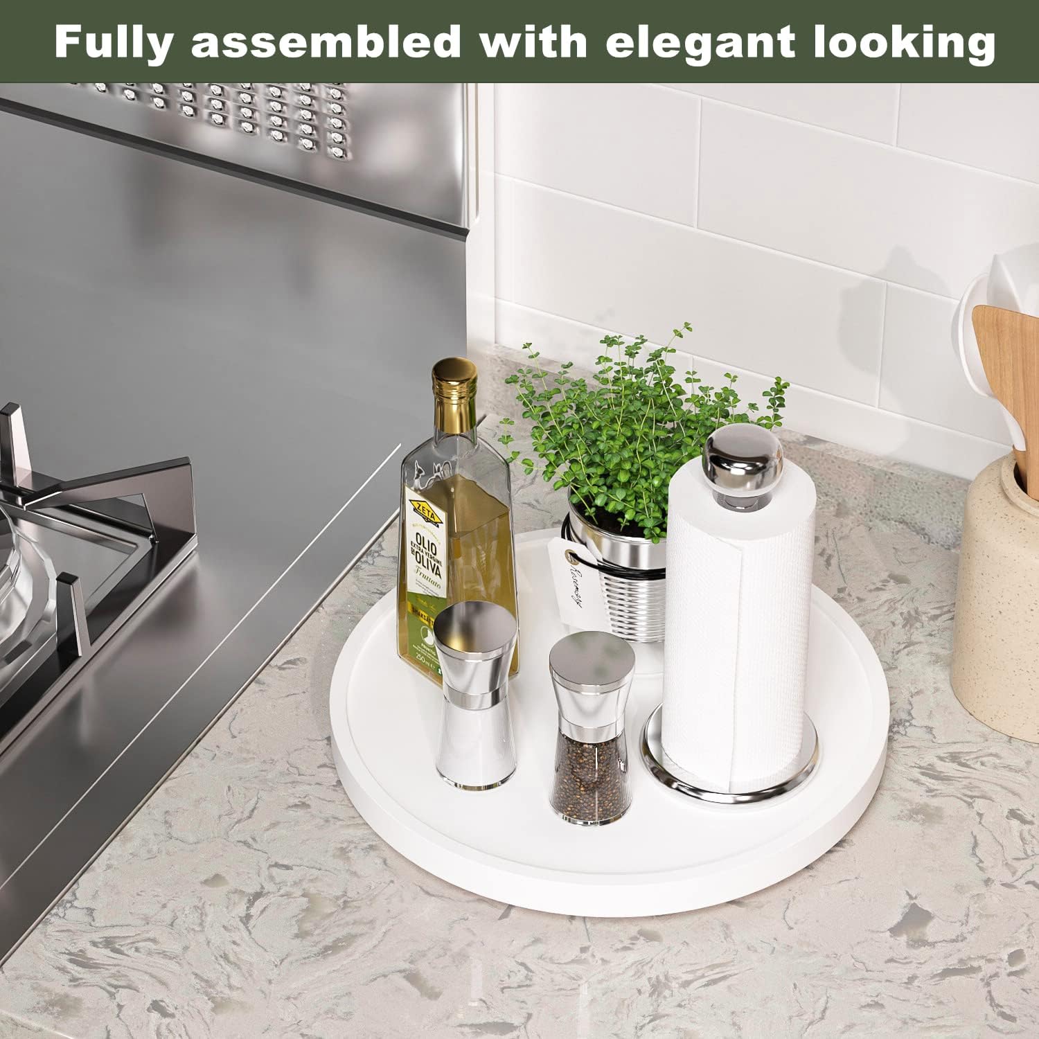 White Lazy Susan for Table, 12 Inch Non-Skid Bamboo Turntable Organizer for Salt Pepper Spices and Olive Oil Next to Stove, Wooden Lazy Susan Organizer for Kitchen Countertop Organizer