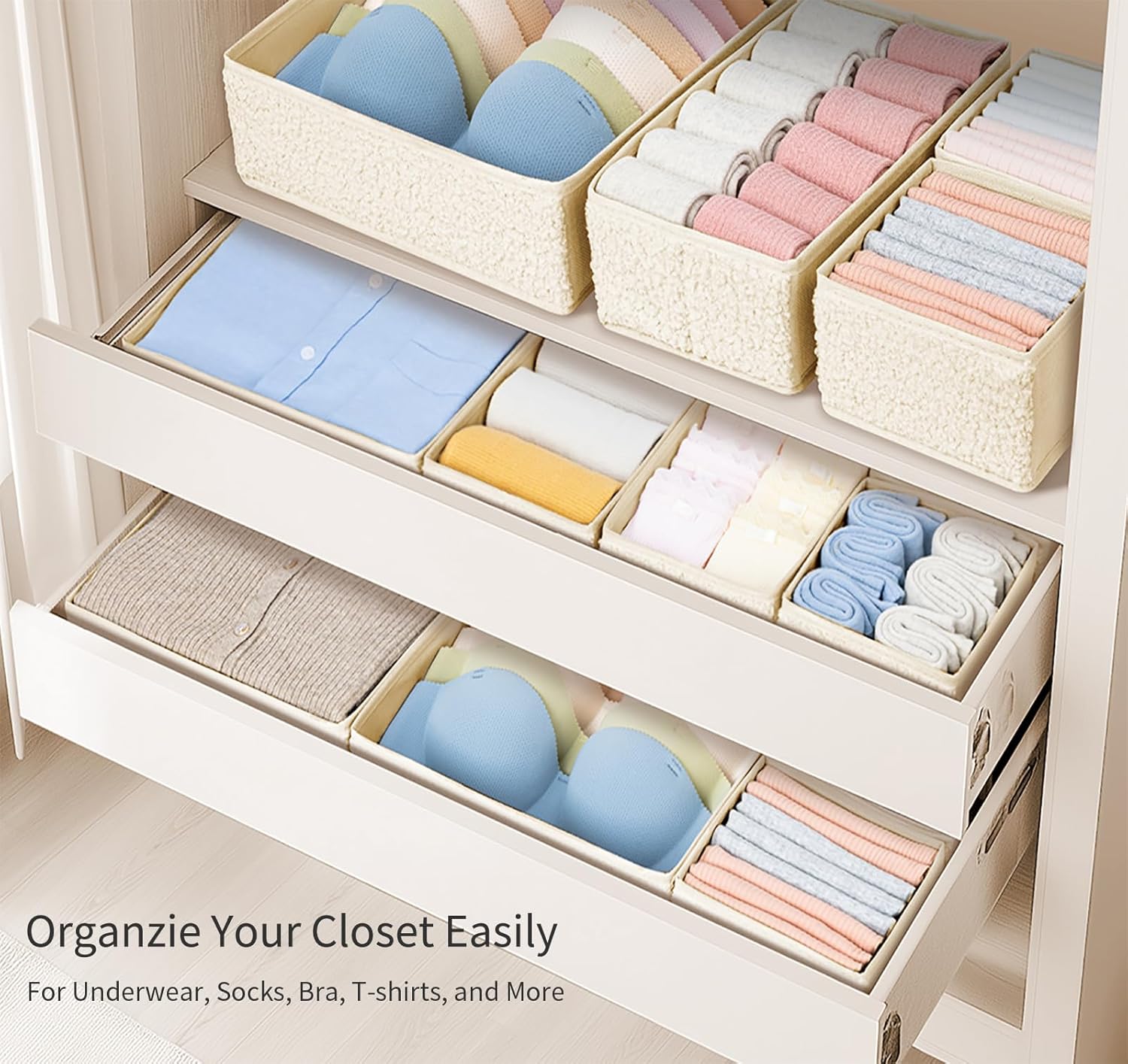 Drawer Organizer Clothes - 18 Pack Dresser Organizer for Nursery, Foldable Sock Underwear Organizer, Baby Drawer Organizer, Small Fabric Storage Bins for Dresser Drawer, Beige