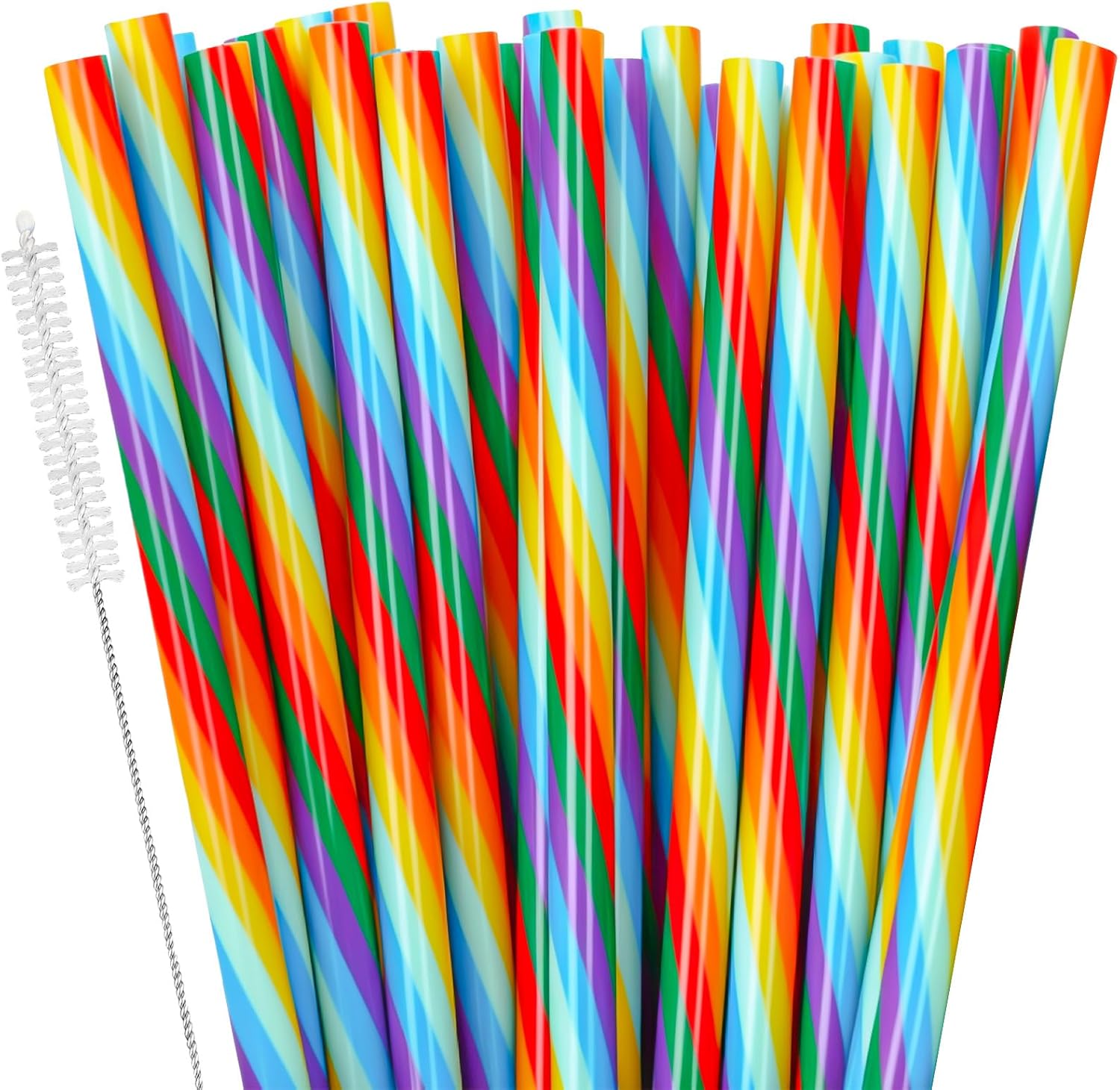JANYUN 30 Pieces Rainbow Drinking Straws, 9inch Hard Platic Reusable Straws LGBT Gay Pride Colorful Rainbow Striped Straw for Pride Party Favors Decorations with Cleaning Brush