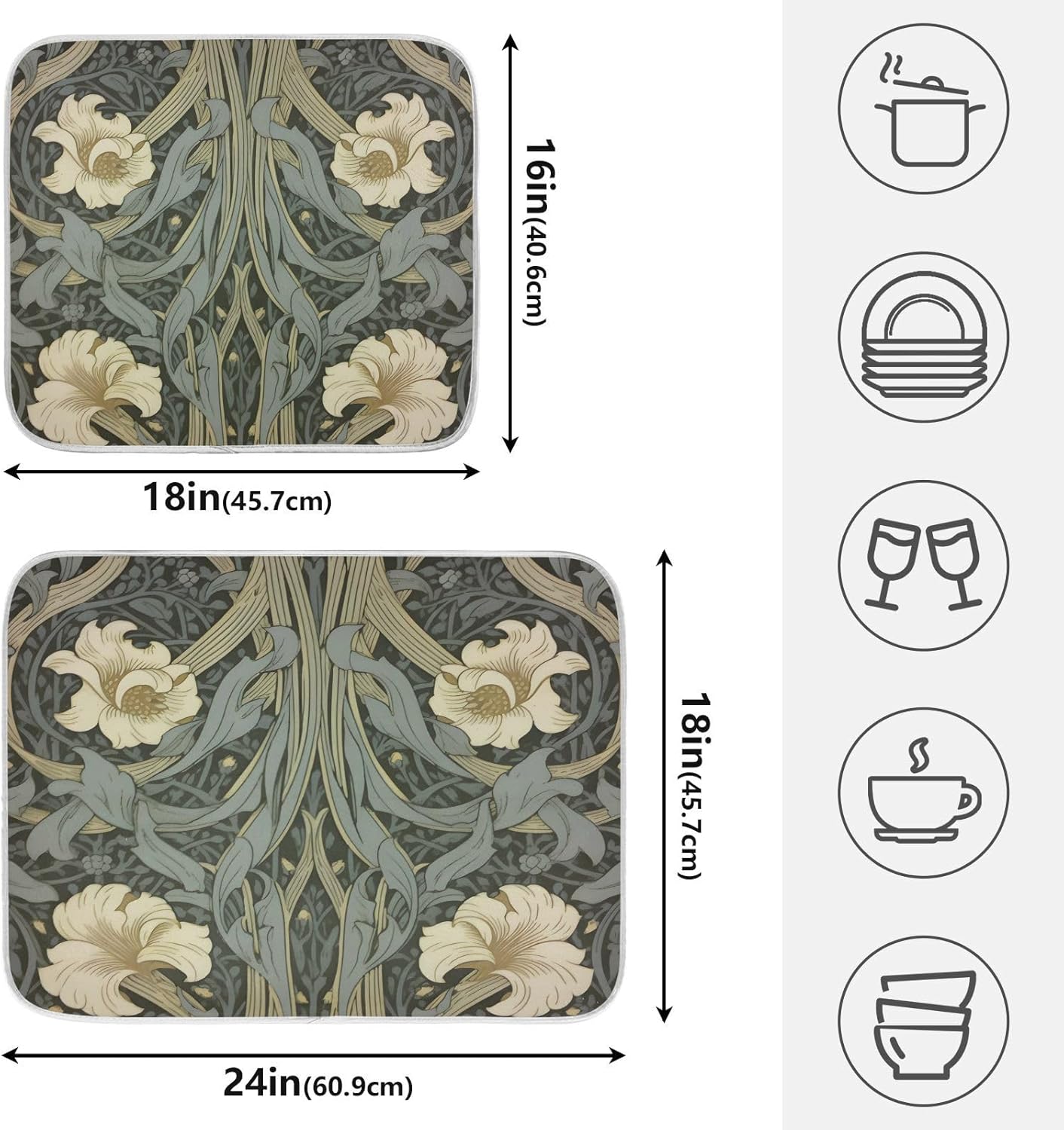 William Morris Flowers Print Dish Drying Mat for Kitchen Counter Absorbent Microfiber Large Drying Pad Dish mats for Kitchen Countertops 18 x 24 Inch