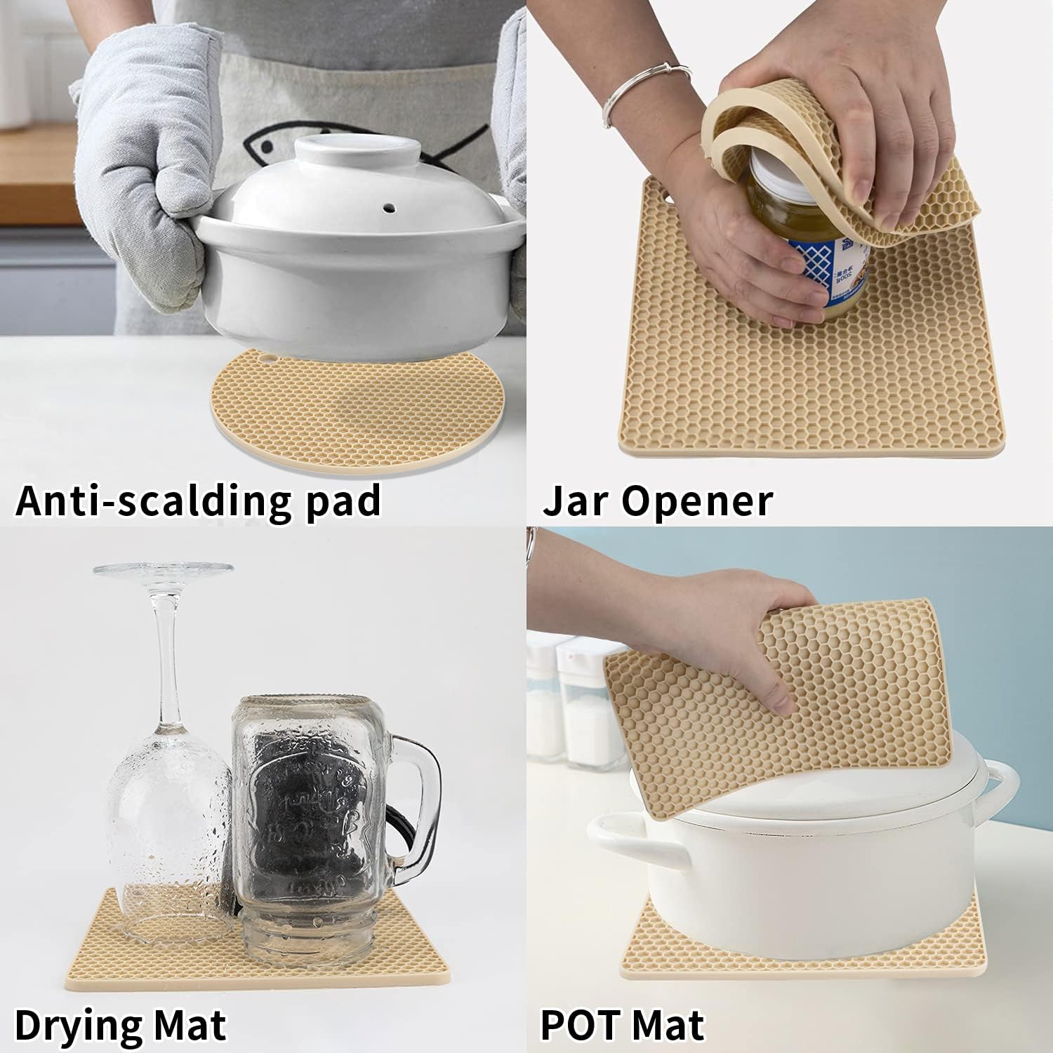 4 Pack Silicone Trivets for Hot Pots and Pans, Pot Holders Hot Pads, Non-Slip & Heat Resistant Silicone Mats for Kitchen Counter, Soft Durable Drying Mat, Jar Opener and Coasters (Beige)