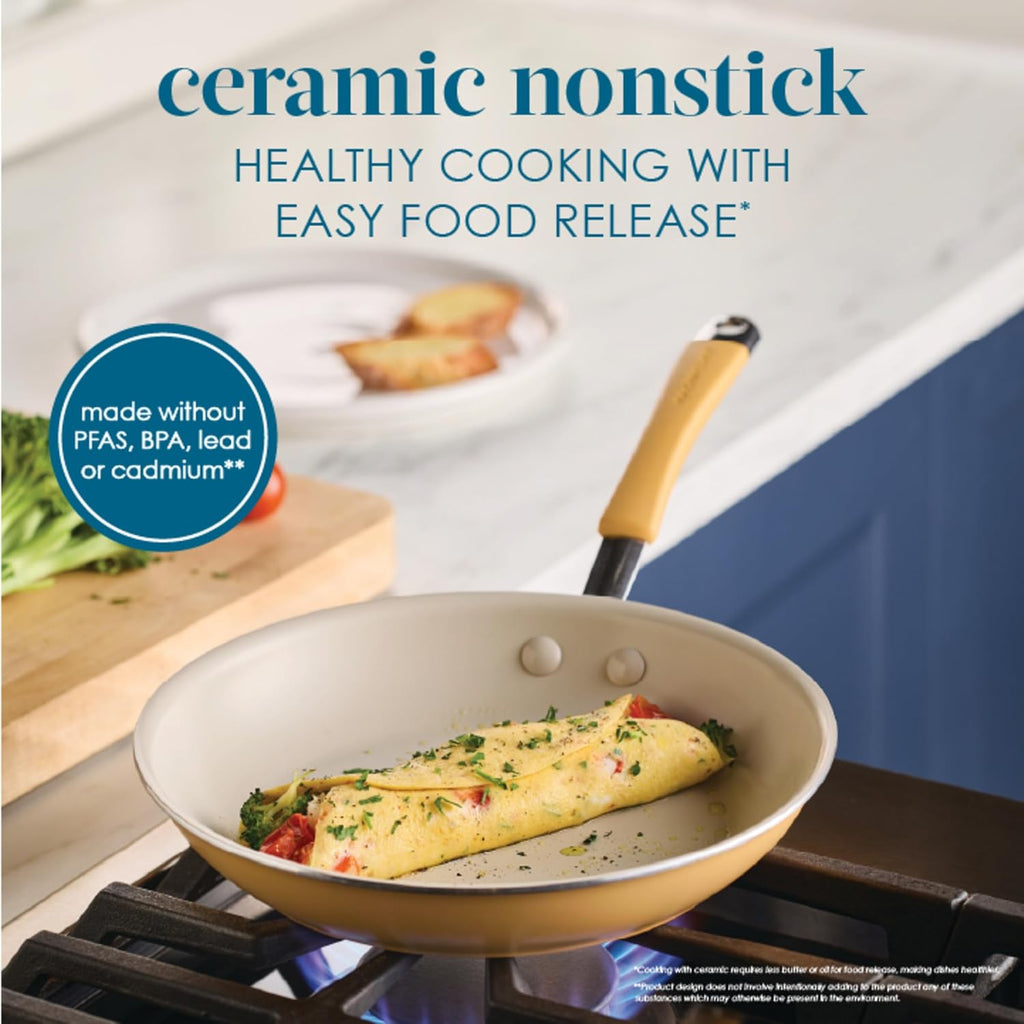 Rachael Ray Cucina Ceramic Cookware Set - 13 Pieces - Ceramic Pots and Pans Set w/Nonstick Frying Pans, Saute Pan, Saucepans, Stockpot, Lids, Pan Protectors & Cooking Utensils - Turmeric