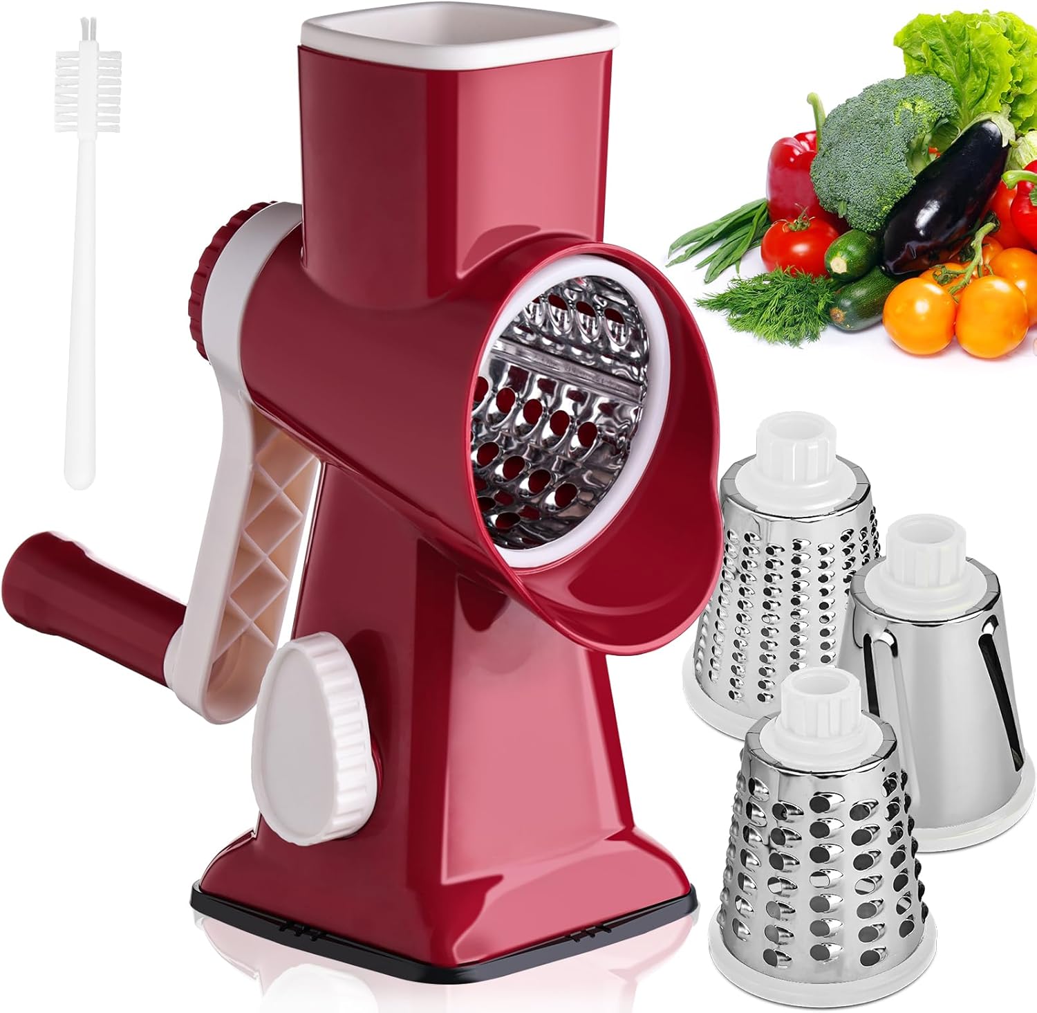 HANSGO Rotary Cheese Grater, Hand Crank Cheese Shredder, Vegetable Slicer for Kitchen, 3 Interchangeable Blades for Potatoes Carrots Onion Zucchini Nuts Chocolate Fruits, Red