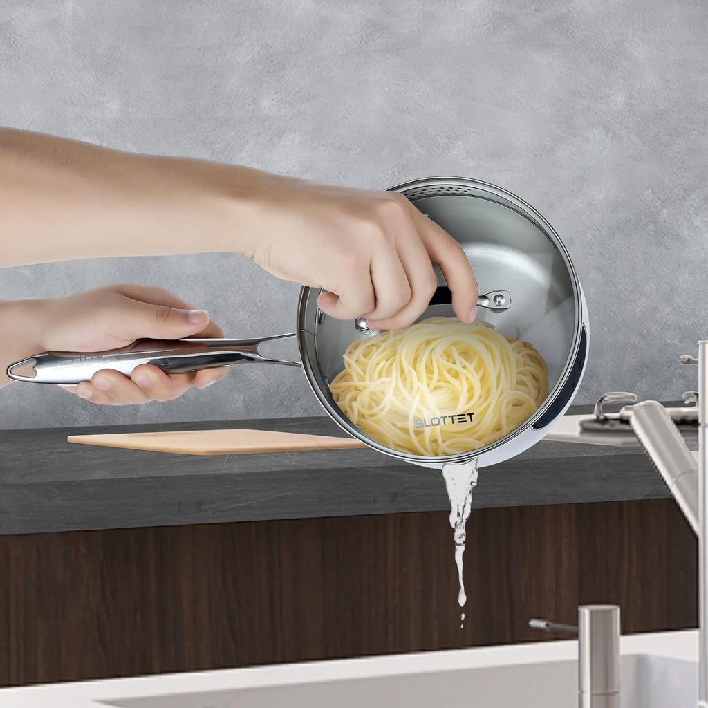 3.5 Quart Stainless Steel Saucepan with Steamer, Tri-Ply Full Body Small Multipurpose Pot with Pour Spout,Strainer Glass Lid, 3 Qt Sauce Pan for Cooking with Stay-cool Handle.