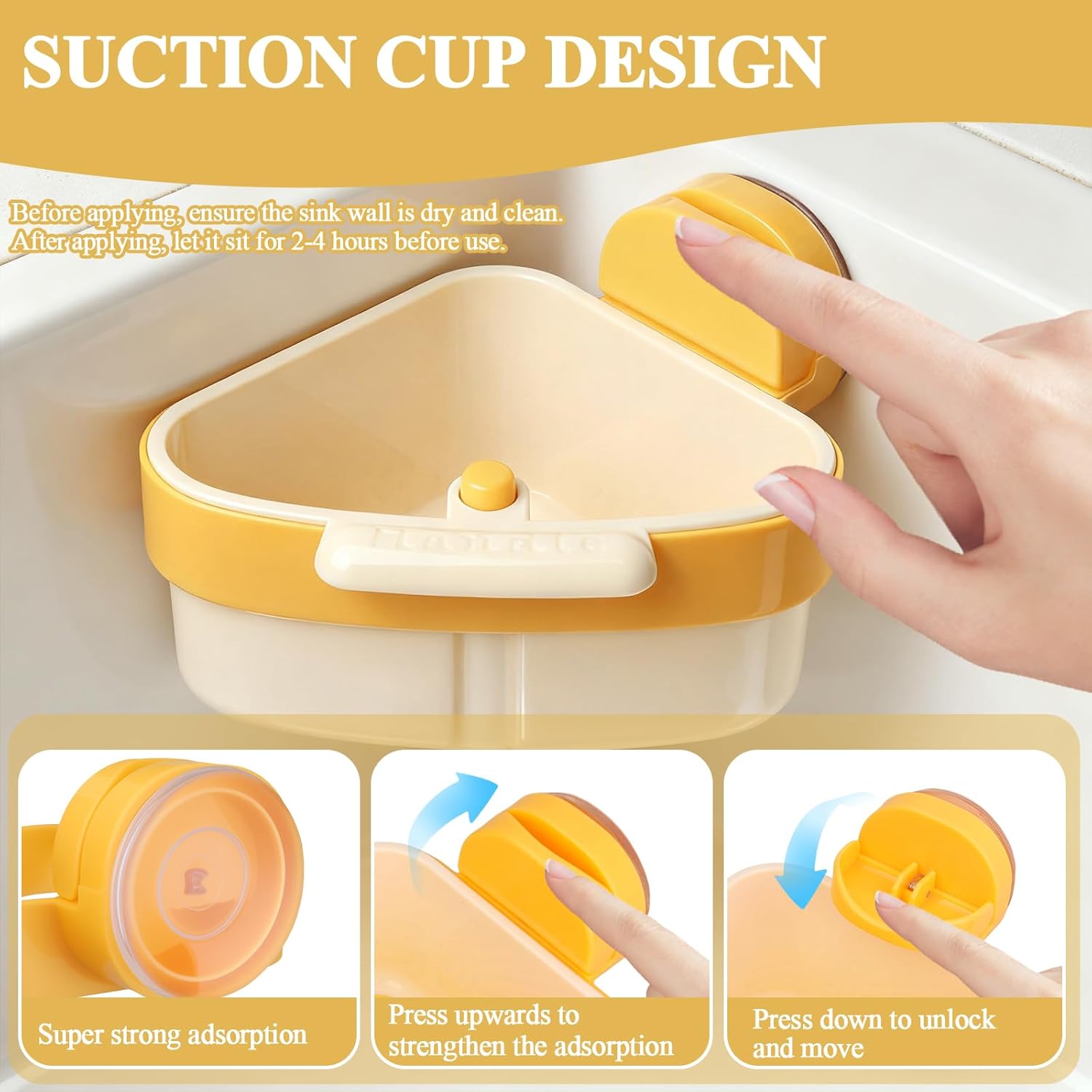 Sink Strainer Basket, 2025 New Upgraded Suction Cup Sink Corner Rack, Triangle Suction Cup Press Sink Drainer Basket, Automatic Dumping Corner Sink Trash Catcher for Kitchen Bathroom (Yellow)