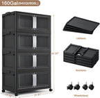 640QT Stackable Storage Bins with Lids, 160Gal Extra Large Collapsible Storage Box with Wheel, Plastic Storages with Clear Door Open Front for Home Bedroom Garage, Black-4pack