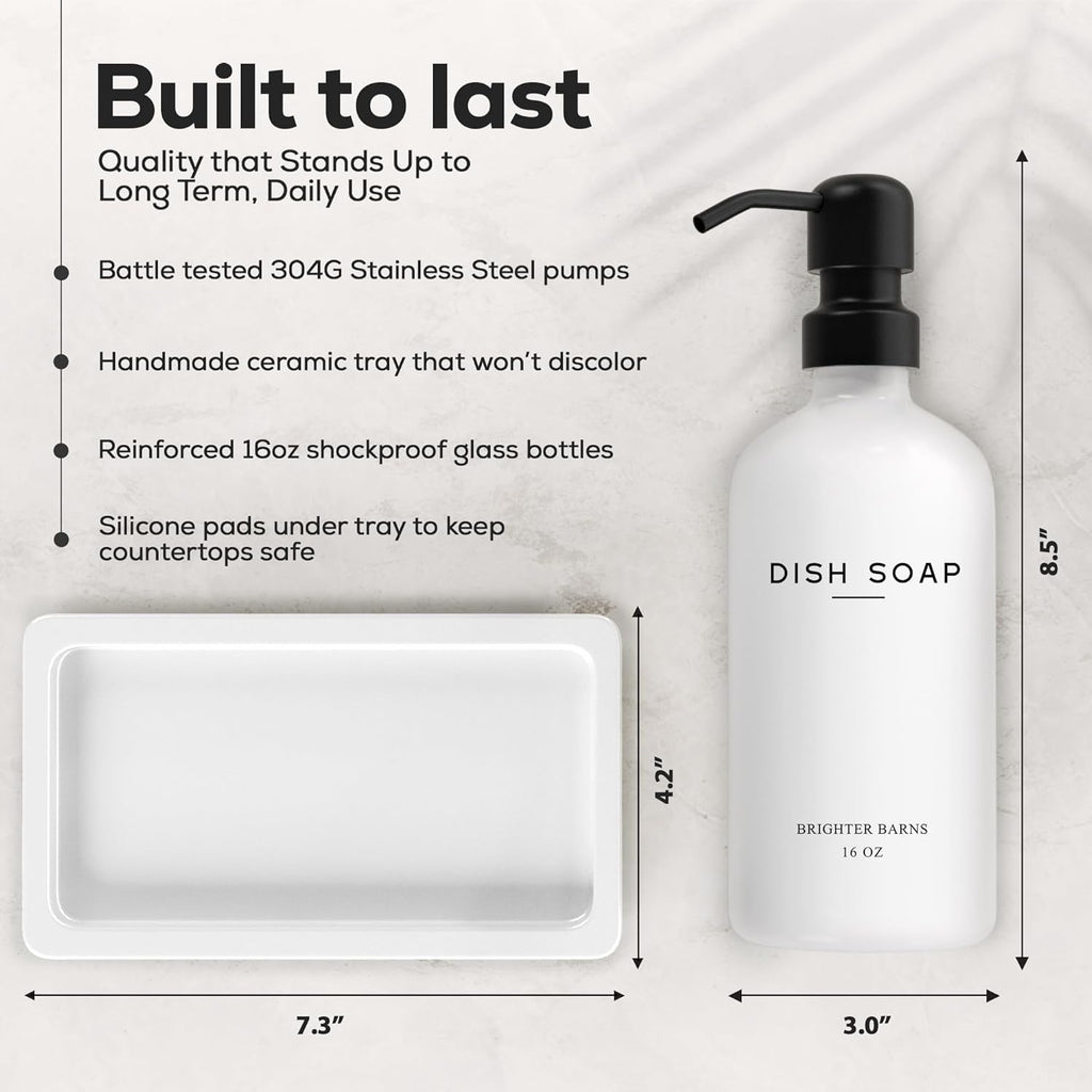 White Glass Hand and Dish Soap Dispenser Set by Brighter Barns - Kitchen Soap Dispenser Set with Tray for Kitchen, Home or Vacation Rental - Modern Kitchen Decor & Accessories (White)