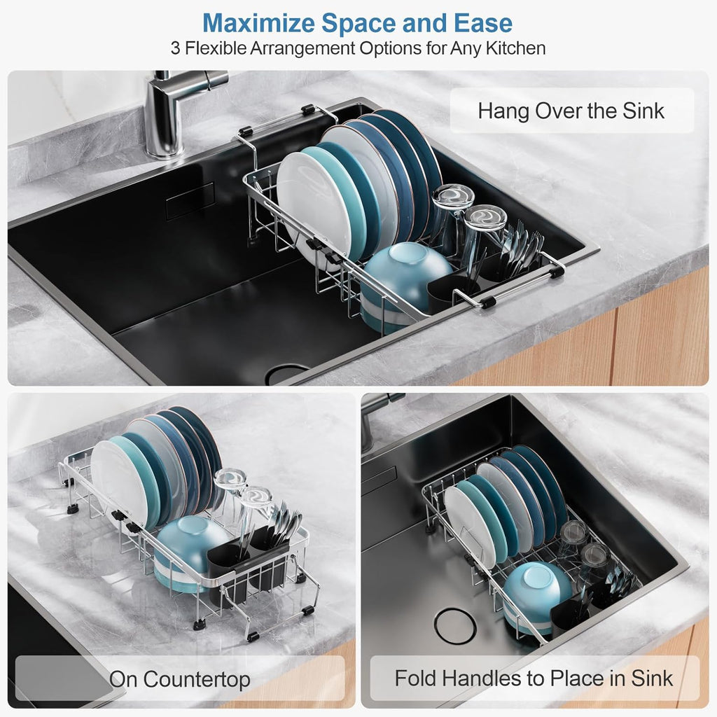 GSlife Small Sink Dish Drying Rack - Stainless Steel Capacity Extendable Narrow Dish Drainer for RV Sink Apartment Kitchen, 11.9“-16.7” L x 9" W x 5.7" H, Silver
