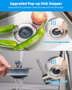 Hibbent 3 in 1 Kitchen Sink Drain Strainer and Stopper Combo, Chrome Stainless Steel Wraped Shell, 3 Anti-Clogging Basket Strainer with Foldable Handle for US Standard 3-1/2" Drain