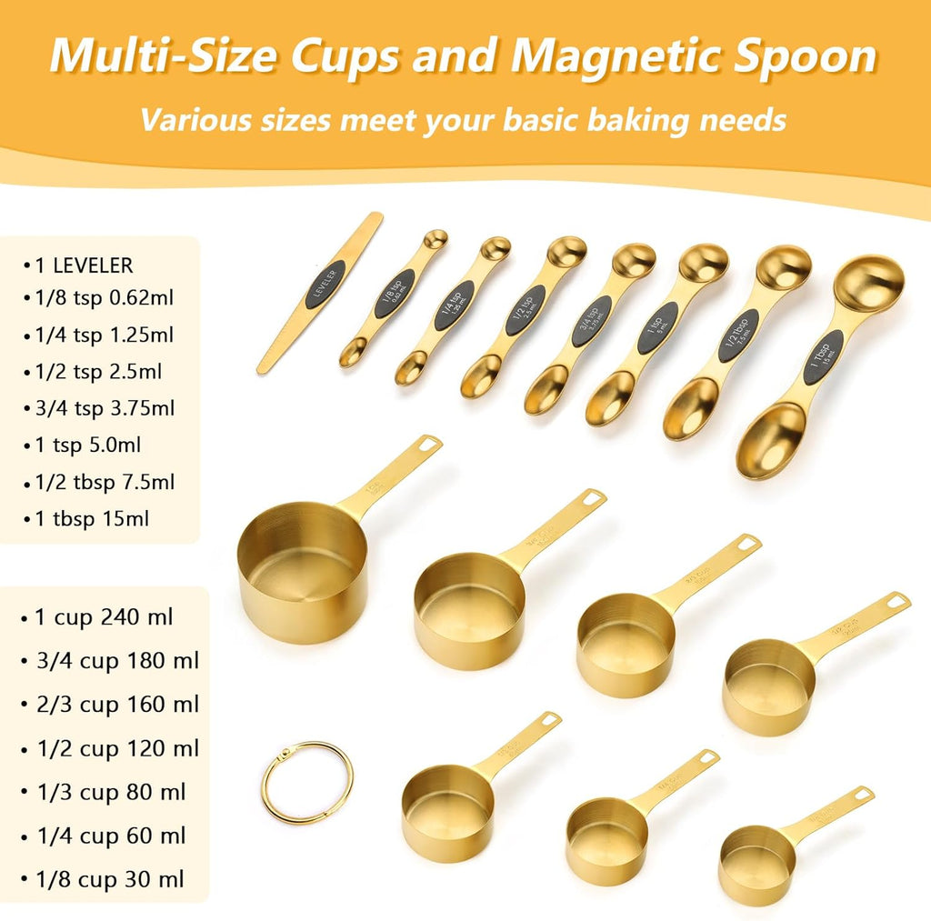 Magnetic Measuring Spoons and Cups Set of 15, Including 7 Magnetic Gold Measuring Spoons with 1 Leveler, 7 Stainless Steel Heavy Duty Gold Measuring Cups, Ideal for Cooking & Baking