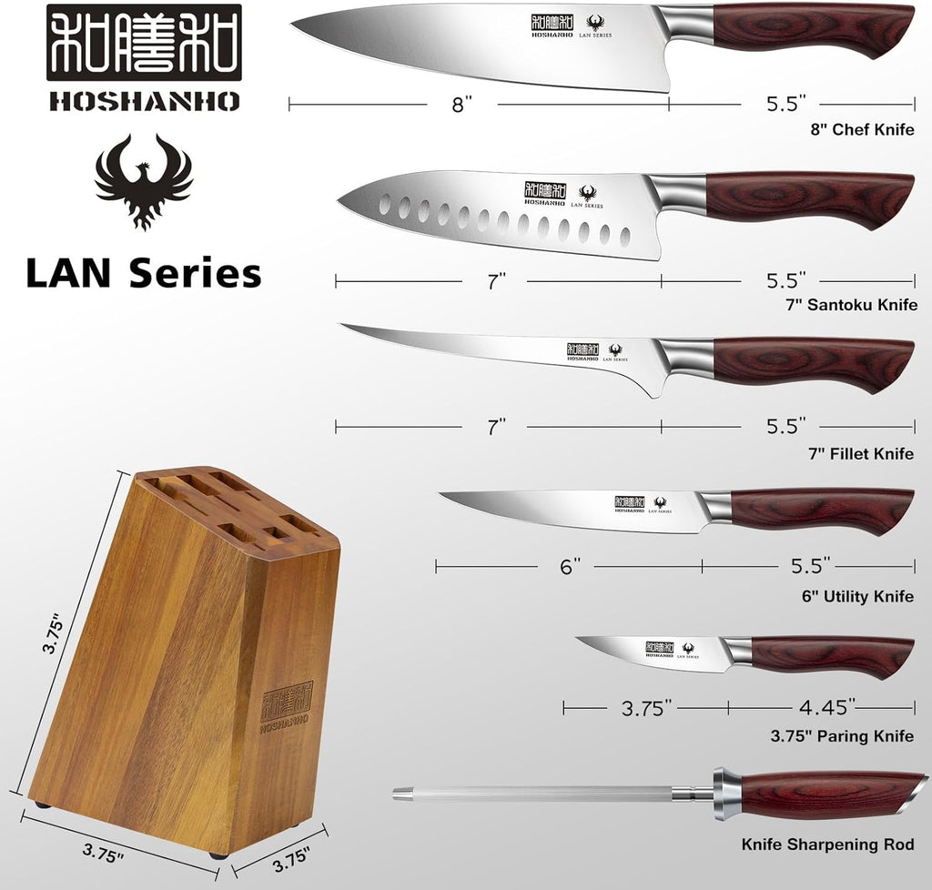 HOSHANHO 7-Piece Knife Set with Block - High-Carbon Stainless Steel Kitchen Knife, Ultra Sharp Professional Chef Knives with Sharpener