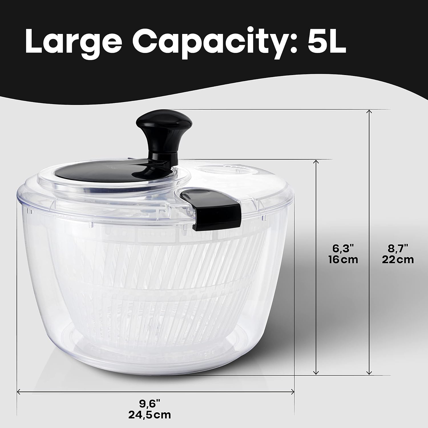 Joined Large Salad Spinner with Drain, Bowl, and Colander - Quick and Easy Multi-Use Lettuce Spinner, Vegetable Dryer, Fruit Washer, Pasta and Fries Spinner - 5.28 Qt