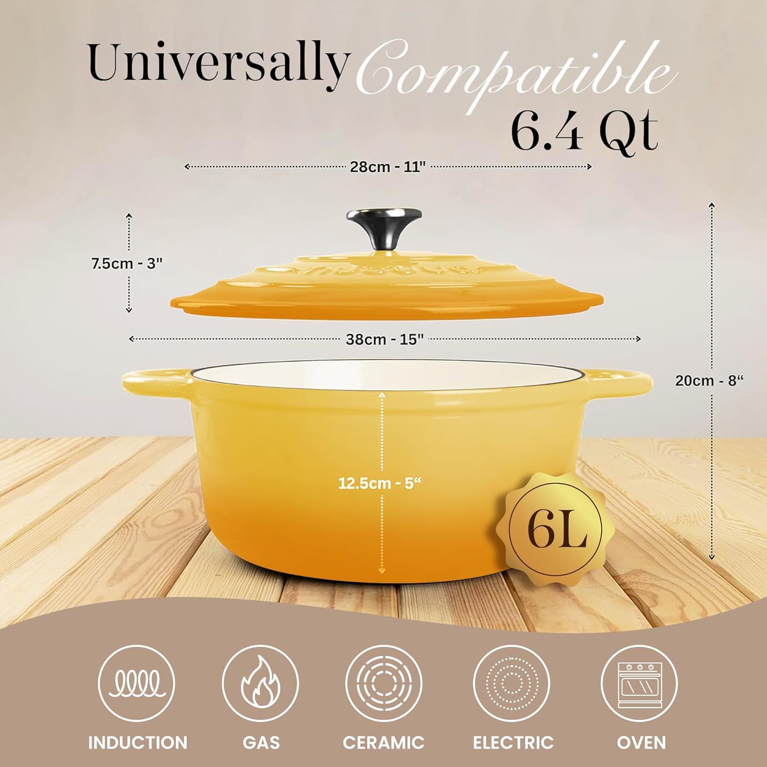 Nuovva Enamelled Cast Iron Dutch Oven Pot with Lid 6.4 Quart Non Stick Casserole Pot – Heavy Duty & Oven Safe up to 500° F for Bread Baking, Braising, Stews, Roasting – 28cm Yellow