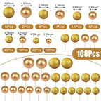 108 Pcs Balls Cake Topper DIY Cupcake Insert Foam Balloons for Cake Baking Wedding Anniversary Birthday Decoration(Glitter Gold, Gold,Multi Sizes)