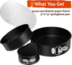 Springform Cake Pan Set of 3 Non-stick Leakproof Round Cheesecake Pan with Removable Bottom, Circle 3 Pieces 4" 7" 9" Springform Pans for Baking with 50 Pcs Parchment Paper Liners