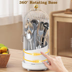 JEESA Utensil Holder with Lid, 360° Rotating Flatware Organizer for Cutlery Spoon Fork(H Less 8"), Silverware Caddy Organizer Drainage Dustproof Flatware Holder Kitchen Countertop Storage, White