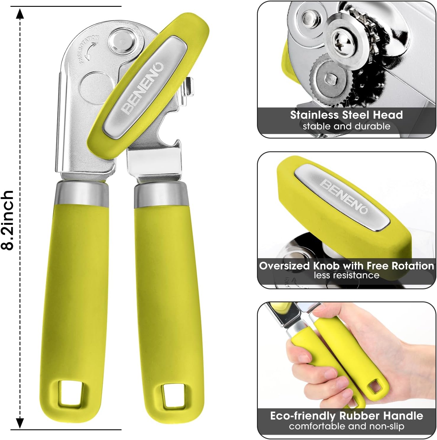 Beneno Can Opener Manual with Magnet, Hand Held Heavy Duty Can Opener with Durable Sharp Blade Smooth Edge, Big Effort-Saving Knob, Soft Grip Rubber Handle, Multifunctional Bottle Opener, Lime Green