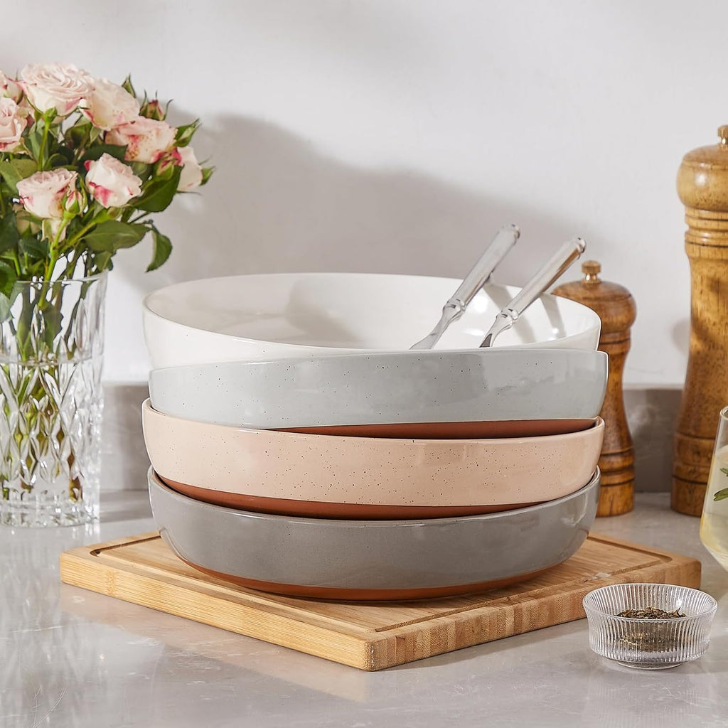 MALACASA Large Pasta Bowls Set of 4, 48 OZ Salad Bowls Serving Bowls for Dinner, Ceramic Soup Bowls Pasta Plates for Serving, Stackable, Microwave & Dishwasher Safe, Multicolor, Series TARA