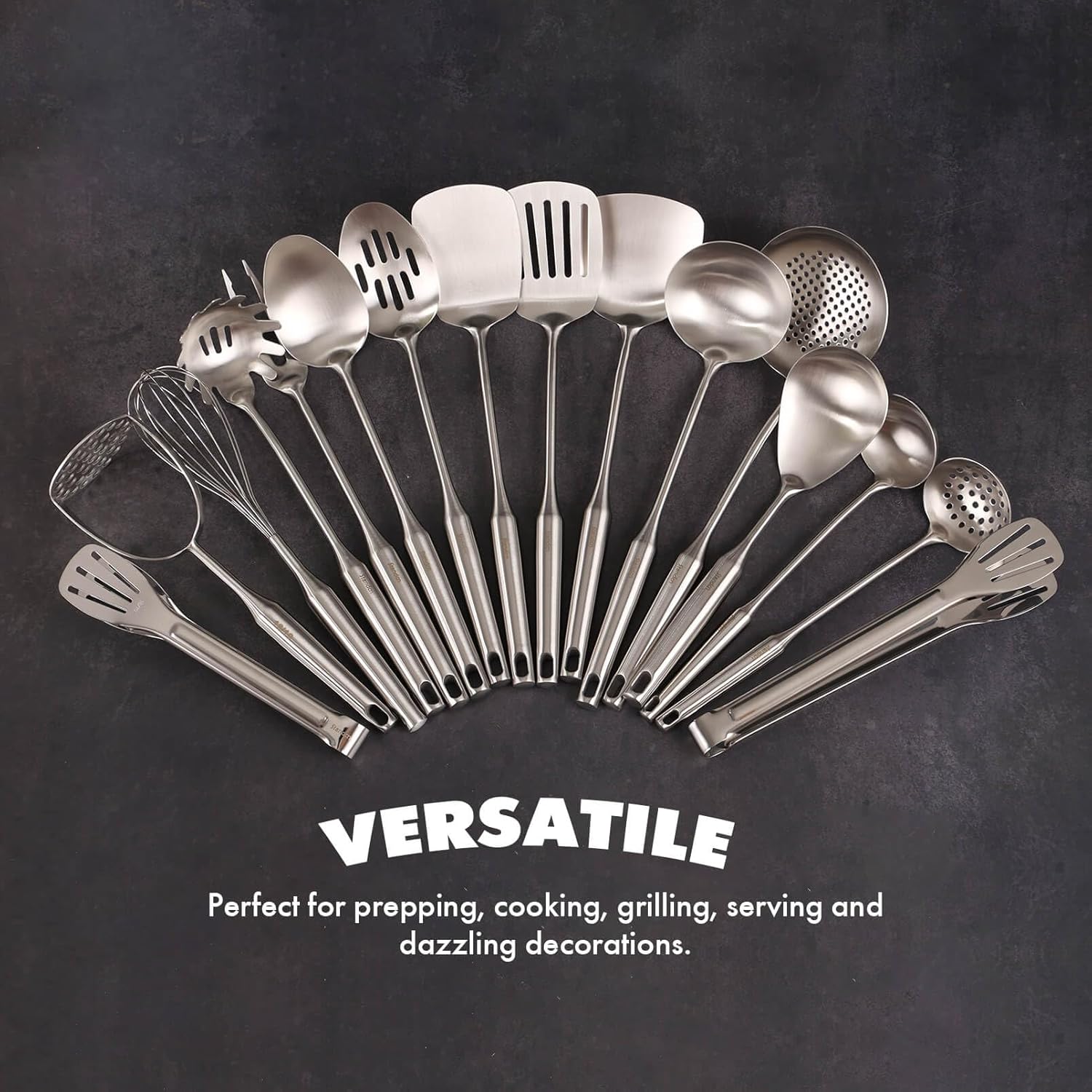 18/10 Stainless Steel Cooking Utensils Set - 16 PCS All Metal Kitchen Tools, Serving Utensils - Whisk, Masher, Fork, Tongs, Solid/Slotted Spoon, Spatula, Turner, Ladle, Skimmer, Pasta, Large Spoon Set