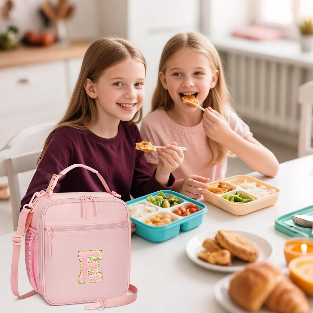 Initial Insulated Lunch Bag for Girls Kids, Back to School Gift, Reusable Leak-proof Lunch Box with Adjustable Strap for School Daycare Travel Picnic (Pink,E)