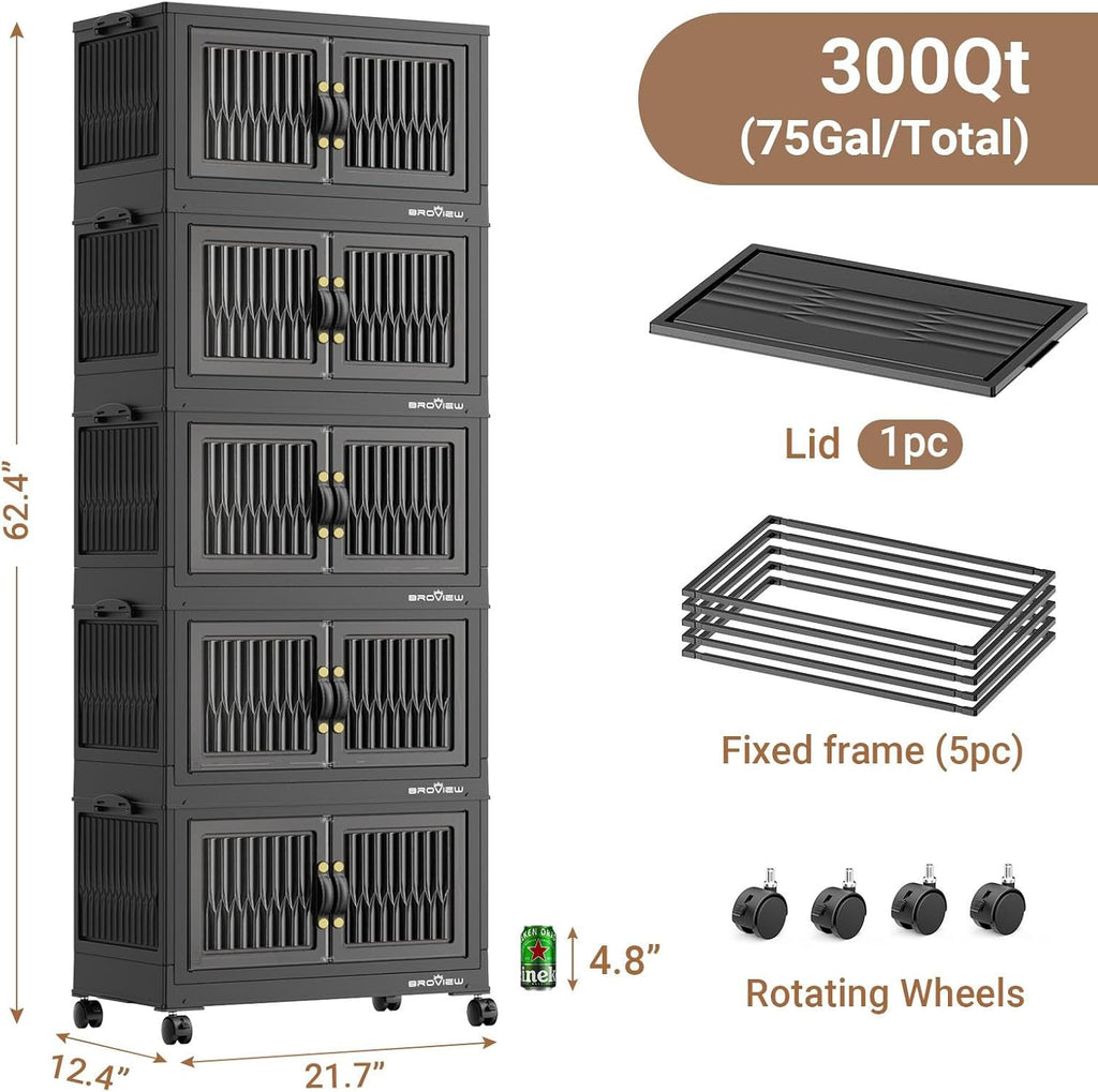 300Qt Stackable Storage Bins with Lid, Extra Large Closet Organizer Collapsible Drawer Boxes with Wheels, Folding Plastic Cabinet Containers for Home Kitchen Room Organization, 5Pack Black