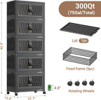 300Qt Stackable Storage Bins with Lid, Extra Large Closet Organizer Collapsible Drawer Boxes with Wheels, Folding Plastic Cabinet Containers for Home Kitchen Room Organization, 5Pack Black