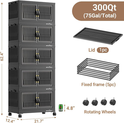 300Qt Stackable Storage Bins with Lid, Extra Large Closet Organizer Collapsible Drawer Boxes with Wheels, Folding Plastic Cabinet Containers for Home Kitchen Room Organization, 5Pack Black